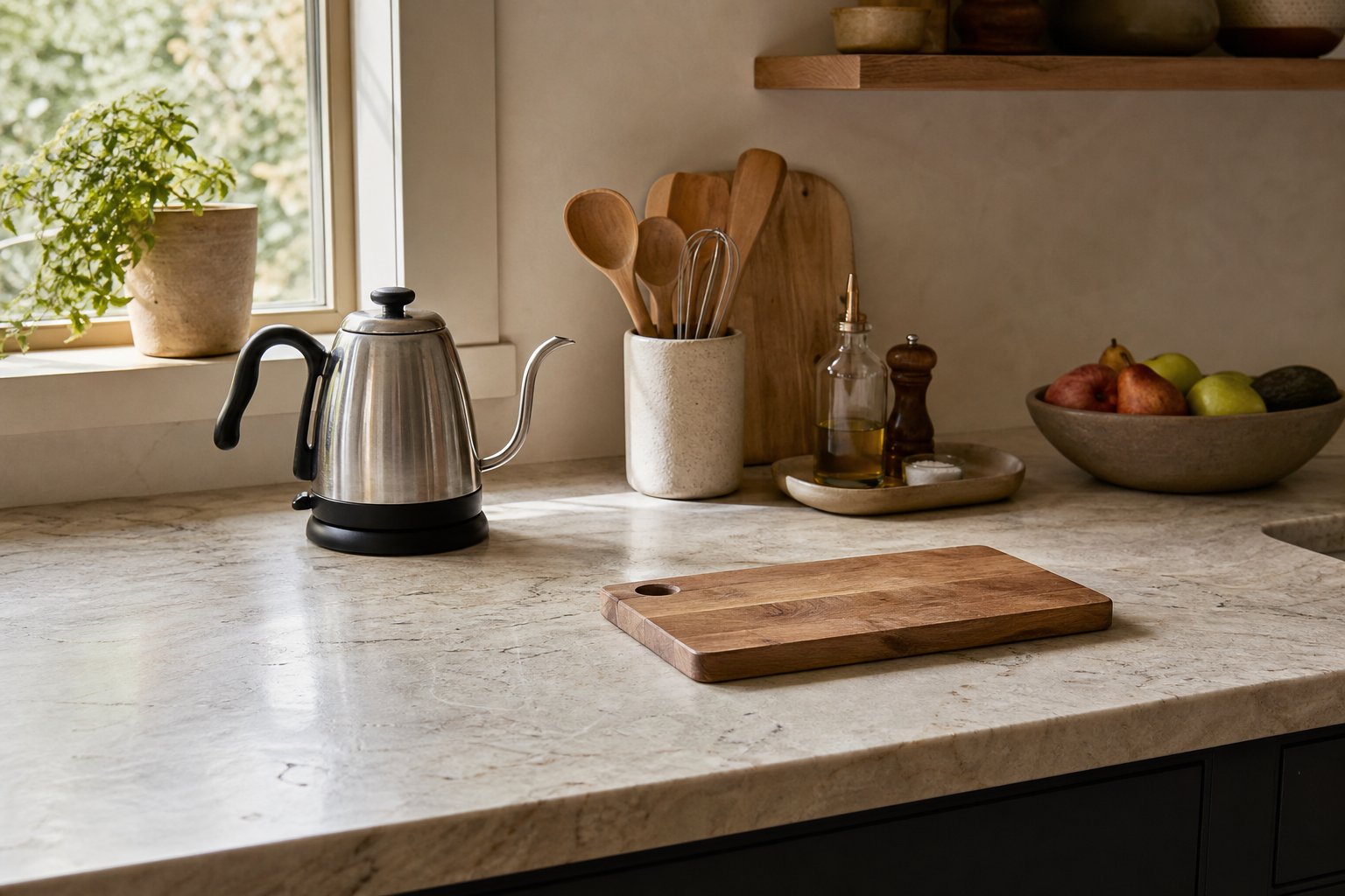 Considered kitchen countertop with a kettle, timber board, oil, salt and fruit arranged for daily use.