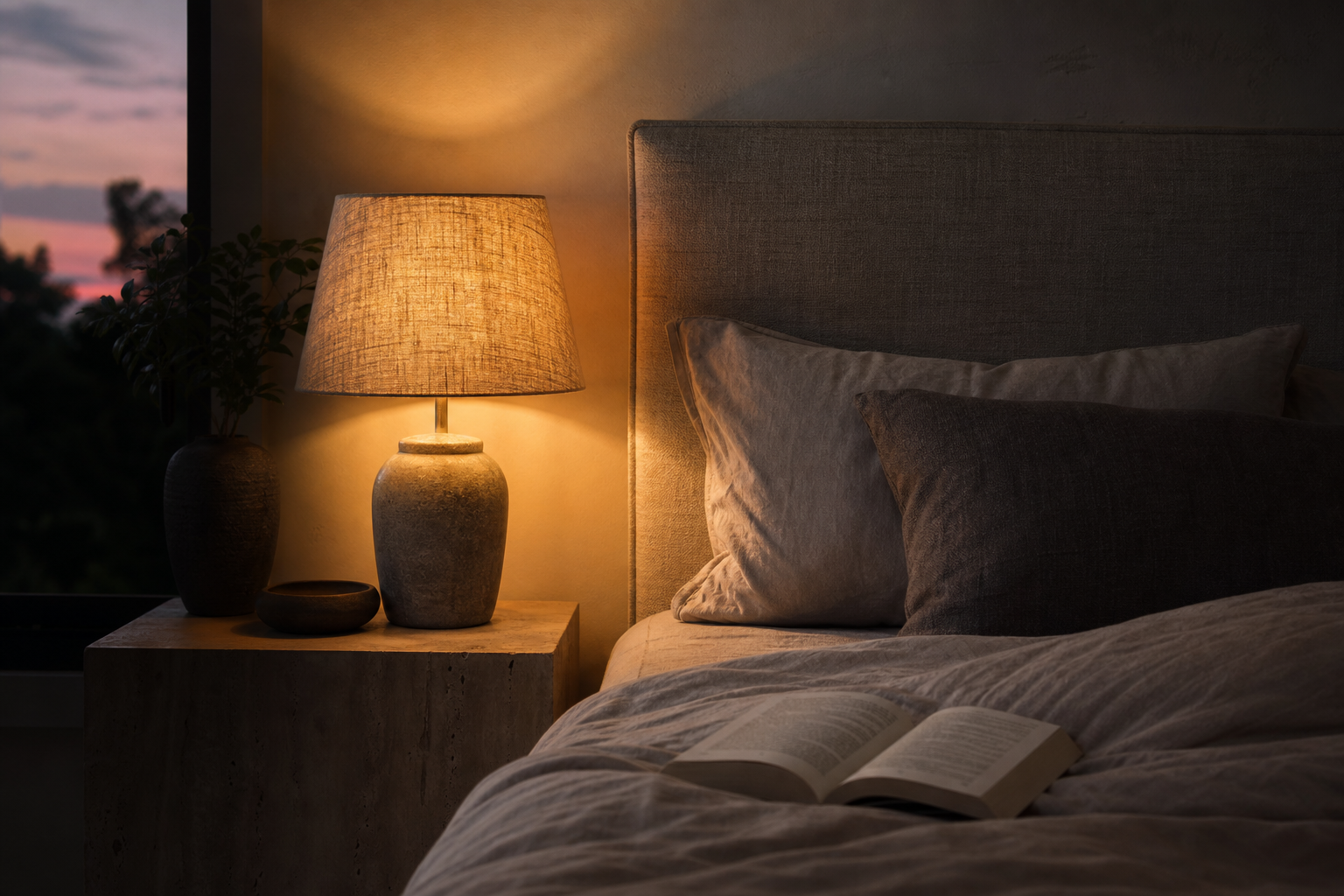 Close editorial view of warm bedside lighting beside a linen bed and an open book.