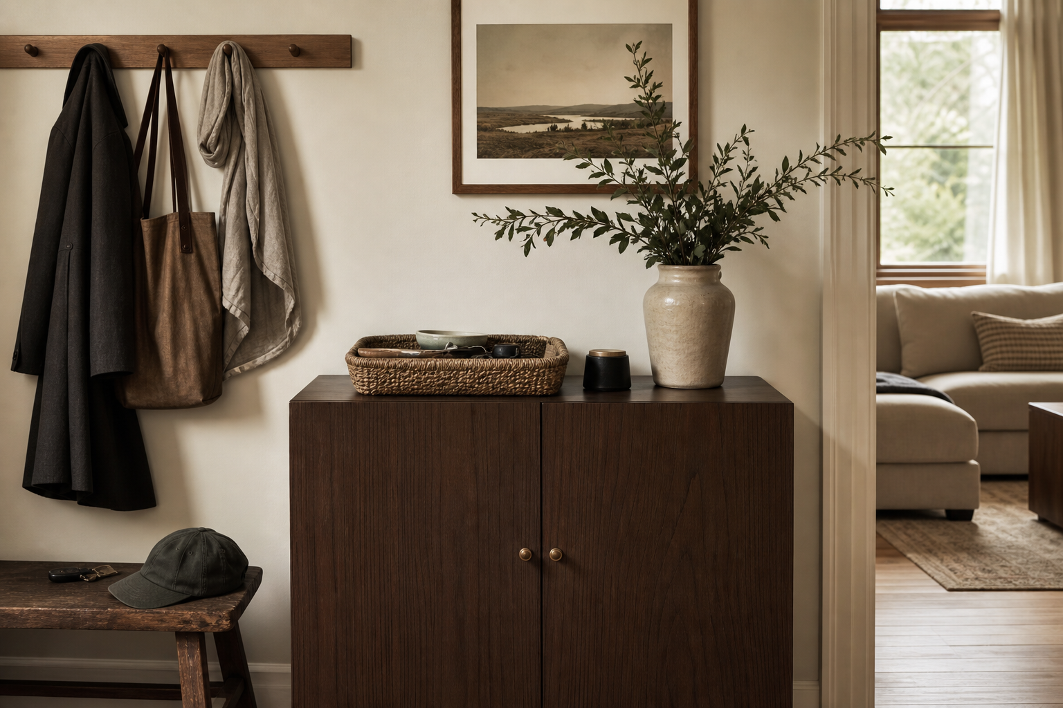 Relaxed home organisation with open baskets for daily items and closed storage for visual clutter.