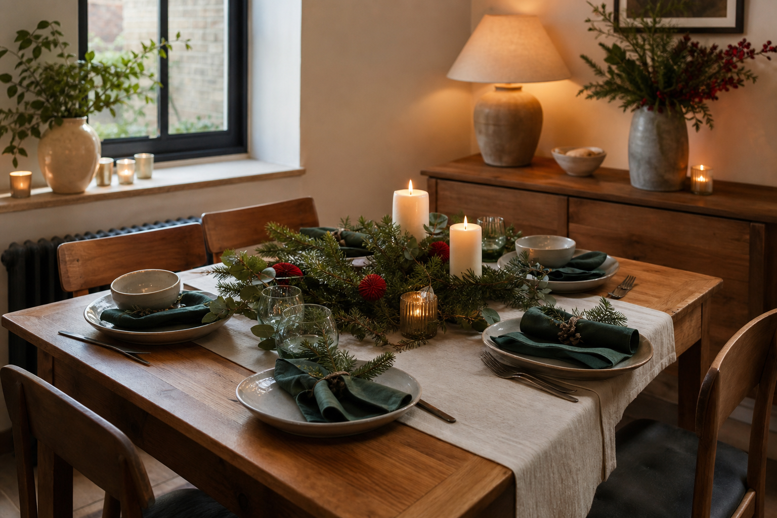 A compact dining table styled for Christmas with greenery, ivory linen, simple place settings and warm candlelight