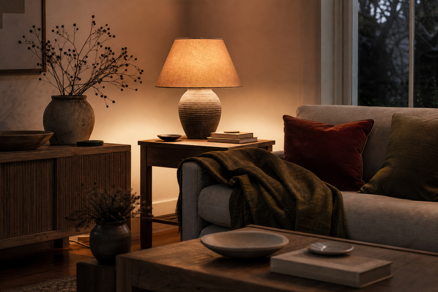 Warm autumn living corner with an olive throw, rust textile, branches and soft evening lamplight.