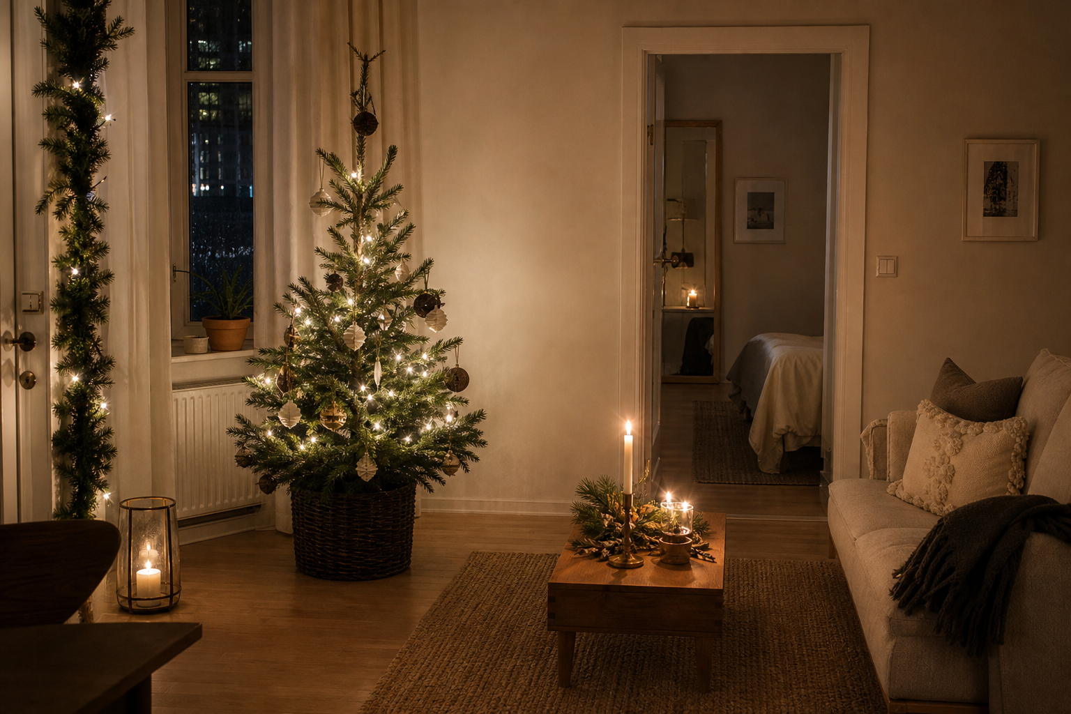 Compact living room with one small Christmas tree, vertical greenery and warm restrained festive lighting.