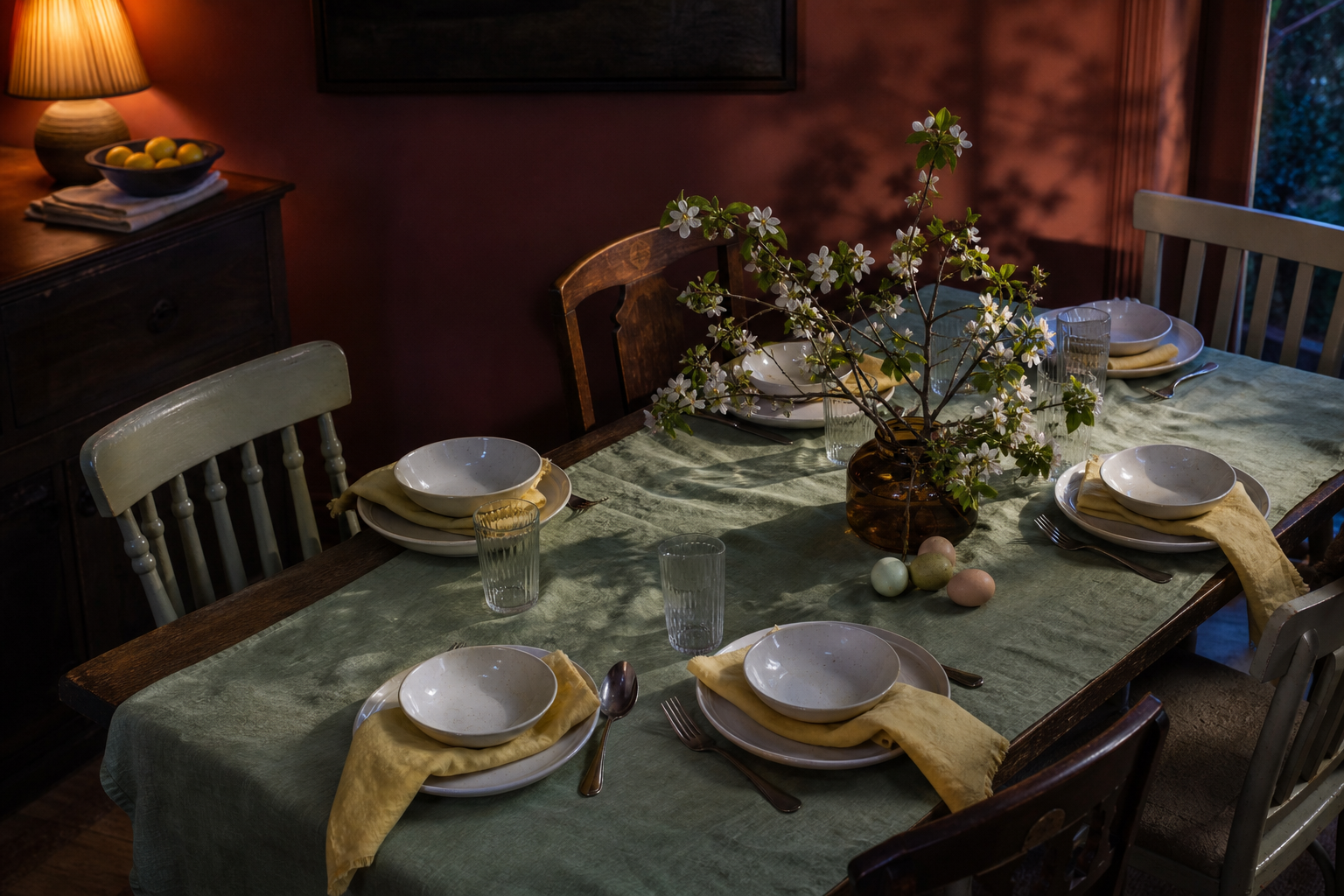 Easter dining table with sage linen, spring branches, pale yellow napkins and a few pastel eggs in a sunlit UK dining room