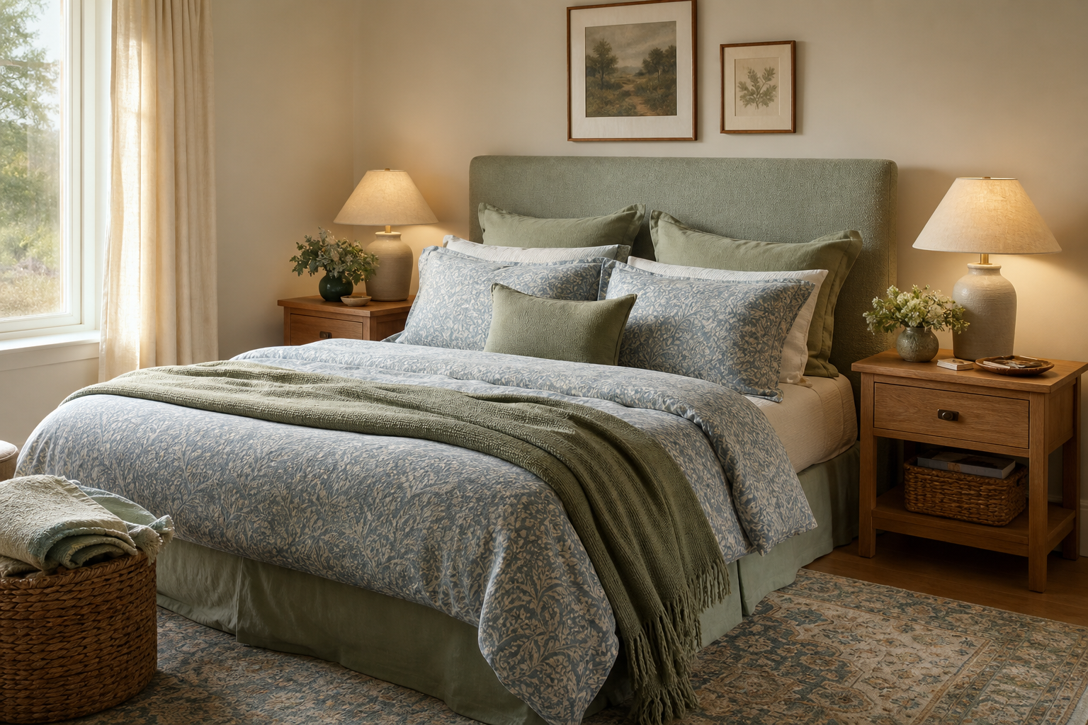 Calm bedroom with muted sage and dusty blue bedding, warm neutral walls and natural wood furniture