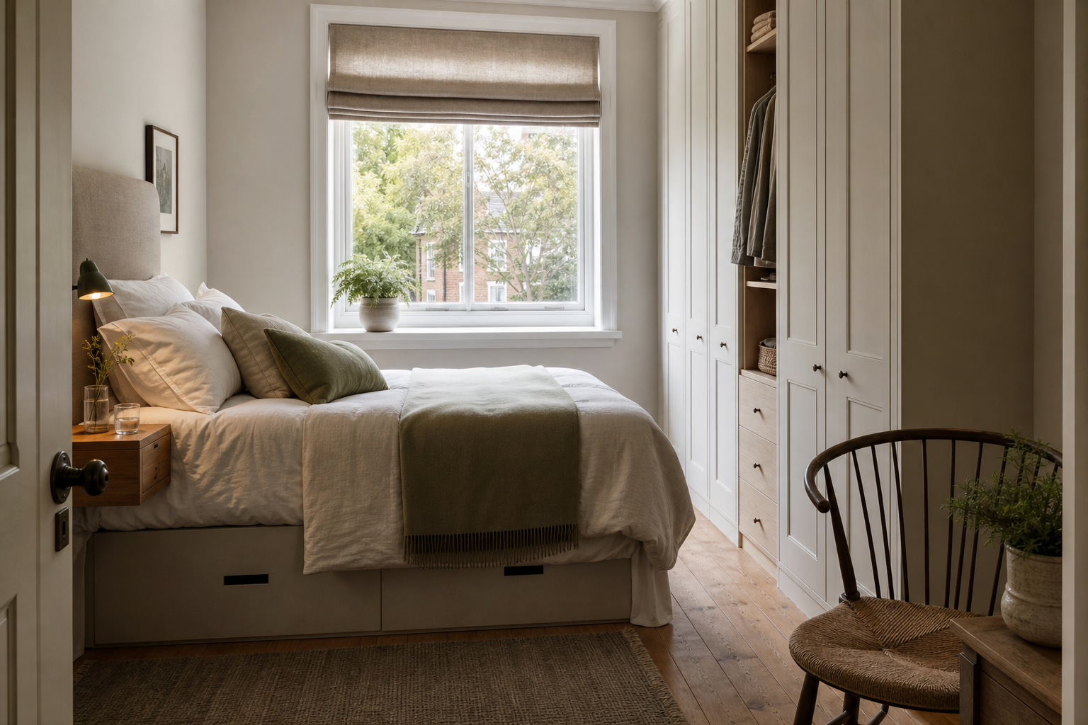 Small bedroom with a clear walkway, neatly made bed, slim bedside shelf and tall storage