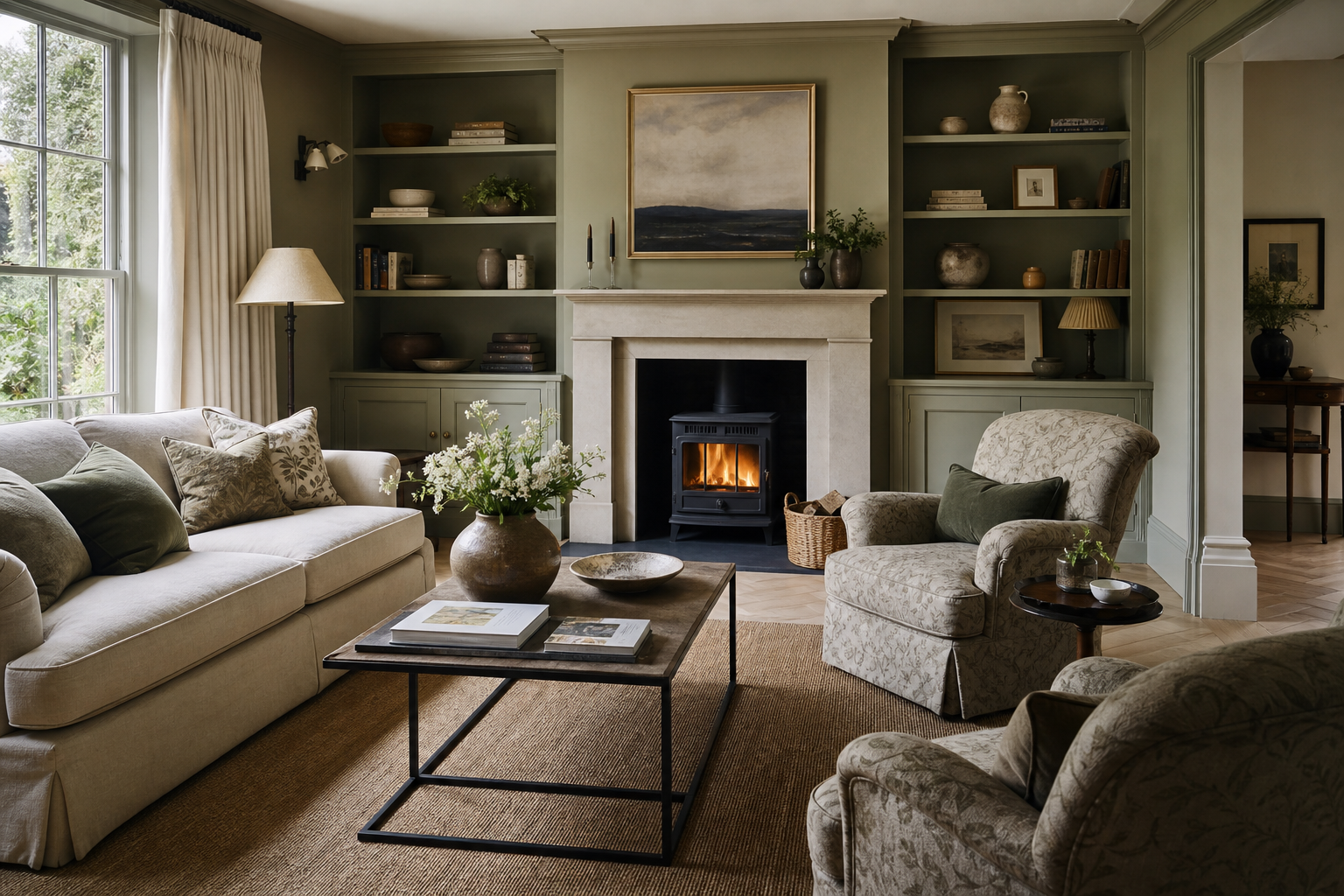 Neutral living room with a sofa and angled armchairs arranged around a coffee table and fireplace