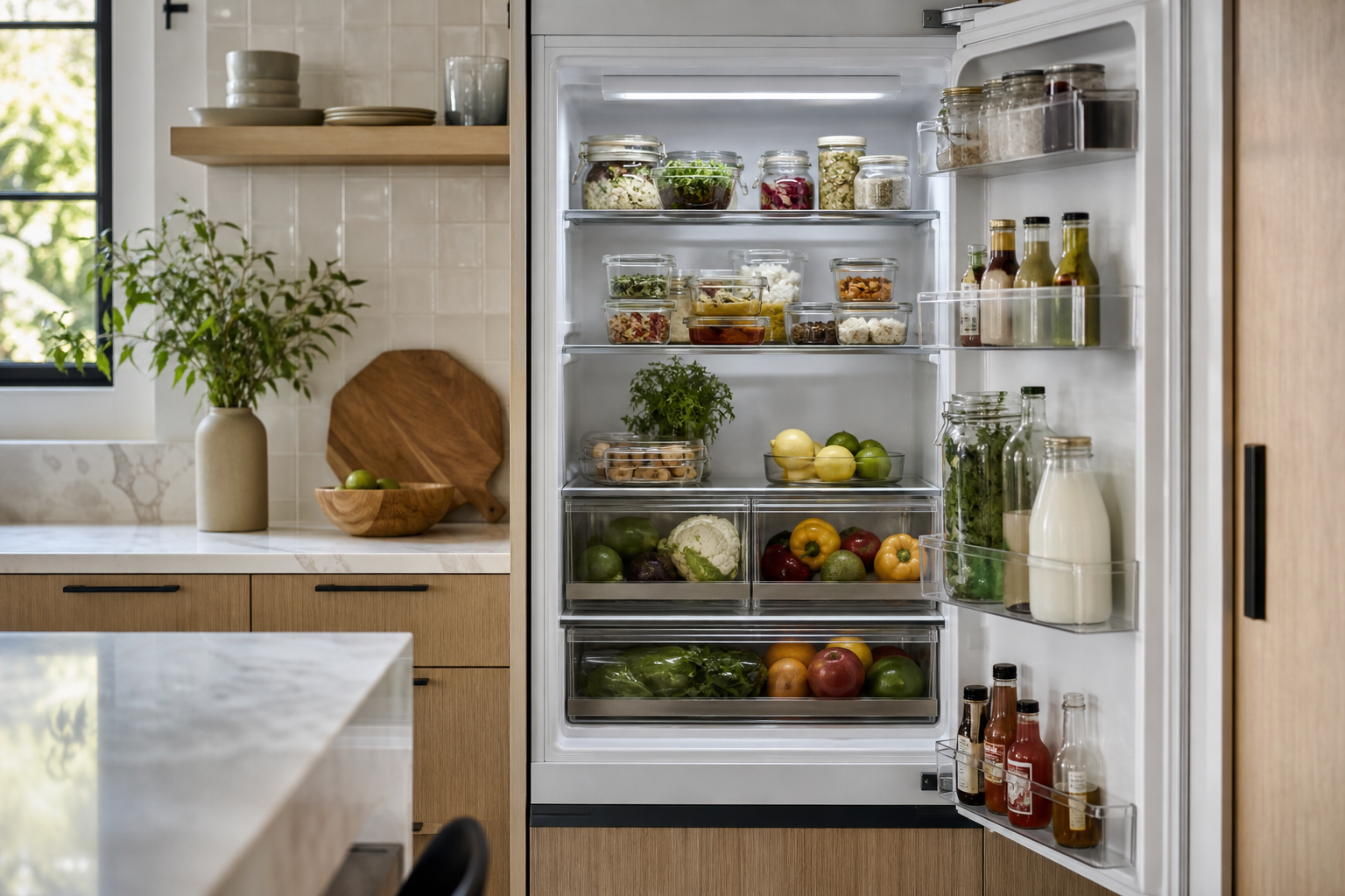 An open fridge neatly arranged with visible containers, fresh vegetables and grouped condiments