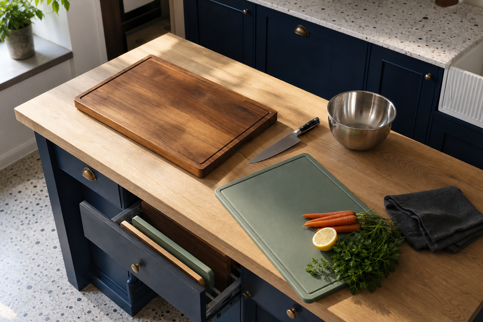 Two chopping boards in timber and green plastic arranged on a kitchen island with vegetables, a knife and upright storage visible
