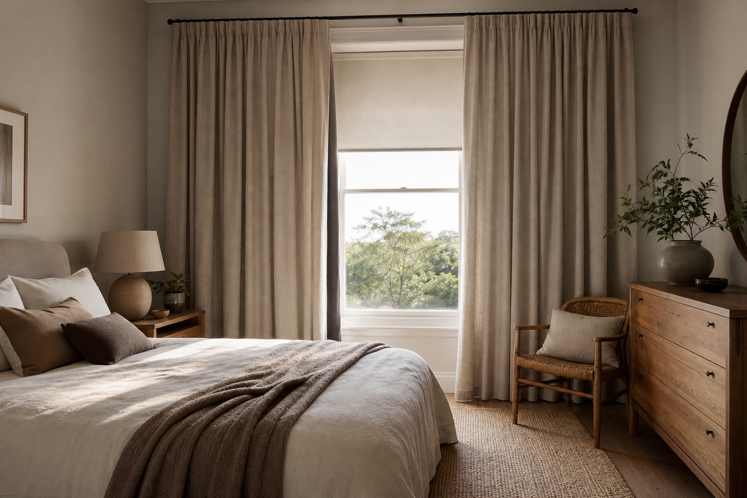 Calm neutral bedroom with full-length linen curtains hung high and wide around a tall window