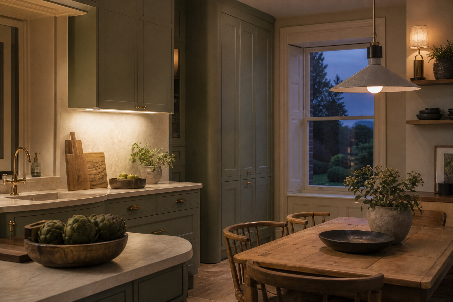 A calm sage-green kitchen with under-cabinet lights, a pendant over a timber table and a warm lamp on an open shelf