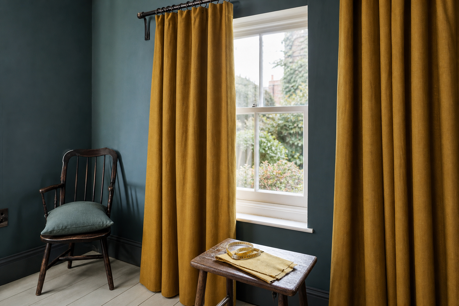 Full-length ochre curtains beside a tall sash window in a blue living room, with fabric samples and a measuring tape on a small stool