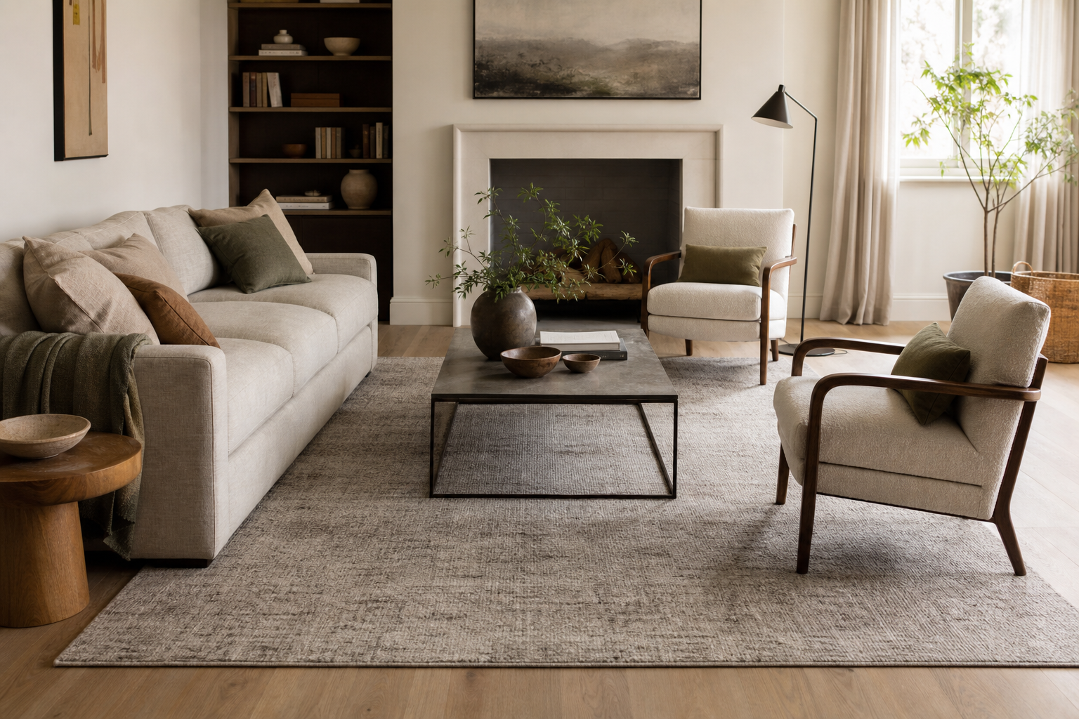 Neutral textured rug positioned beneath a sofa, chairs and coffee table in a bright living room