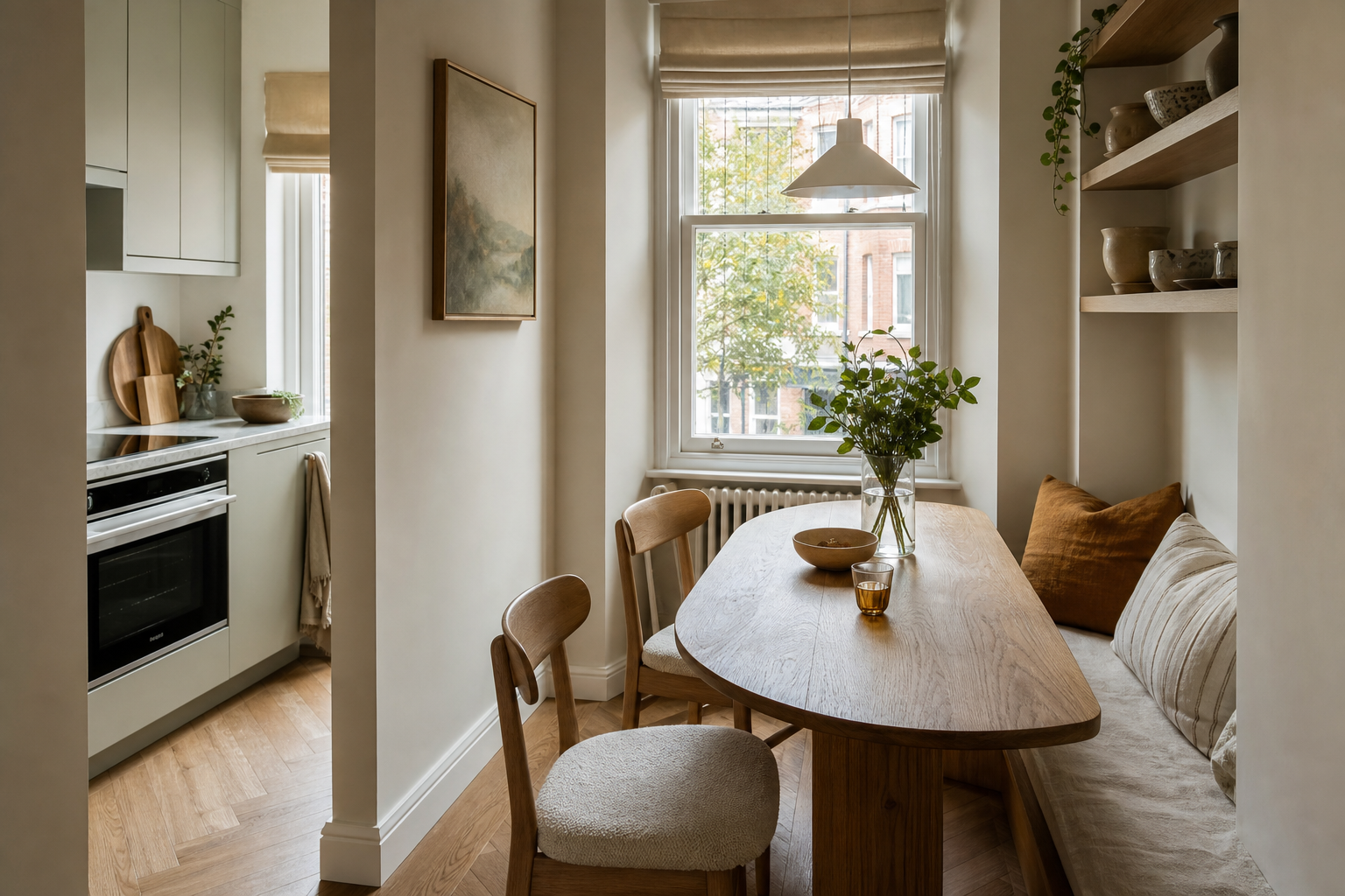 Compact dining area with an oval wooden table, bench seating and wall shelving beside a small kitchen