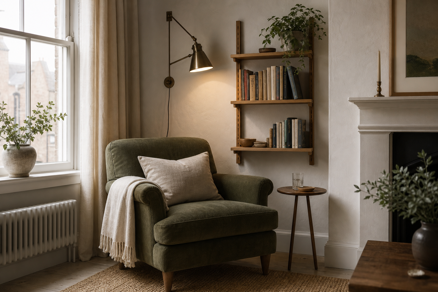 Compact sitting room corner with a green reading chair, wall shelf of books and warm reading light