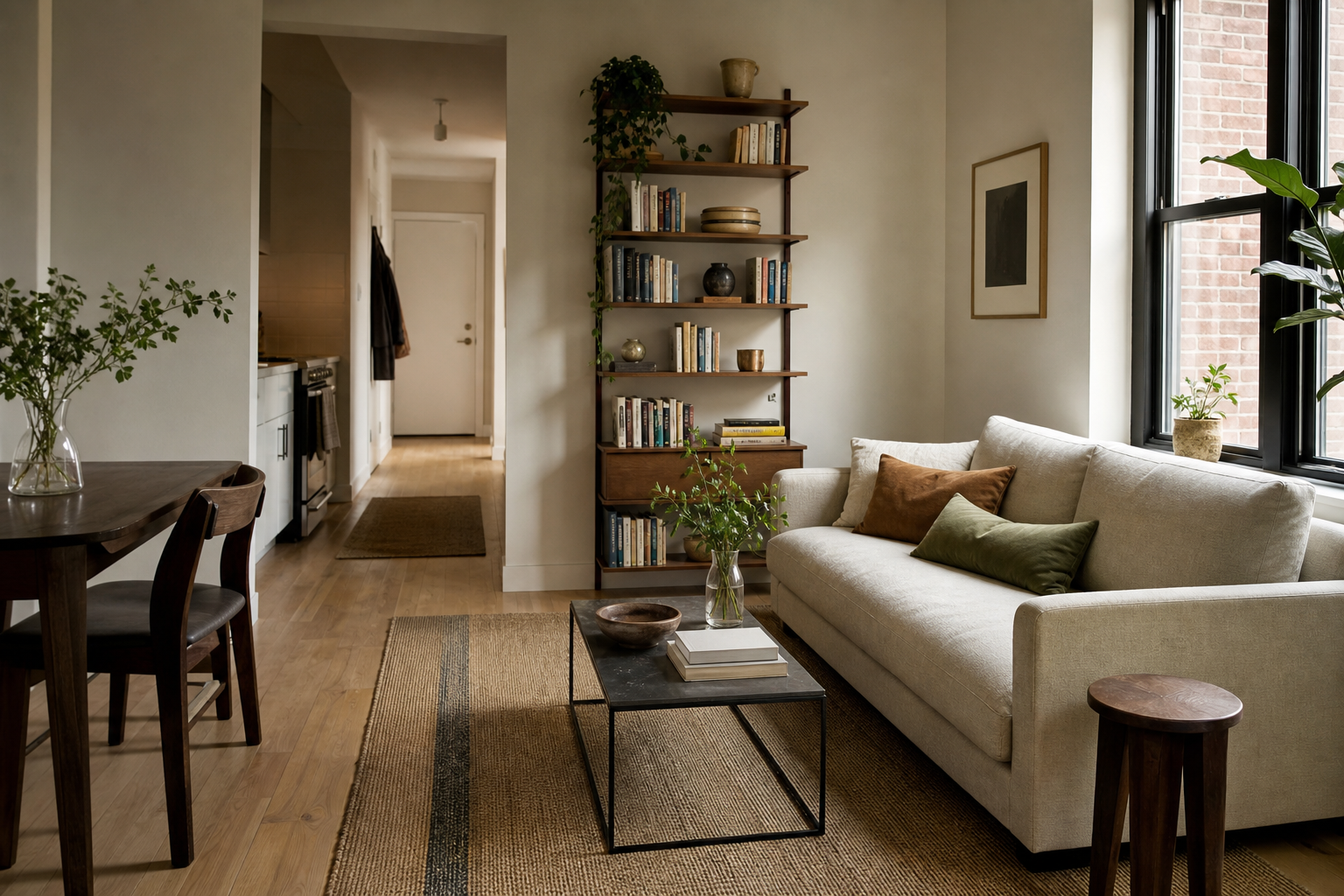 Compact apartment furnished with a full-size sofa, flexible stool and clear circulation space.