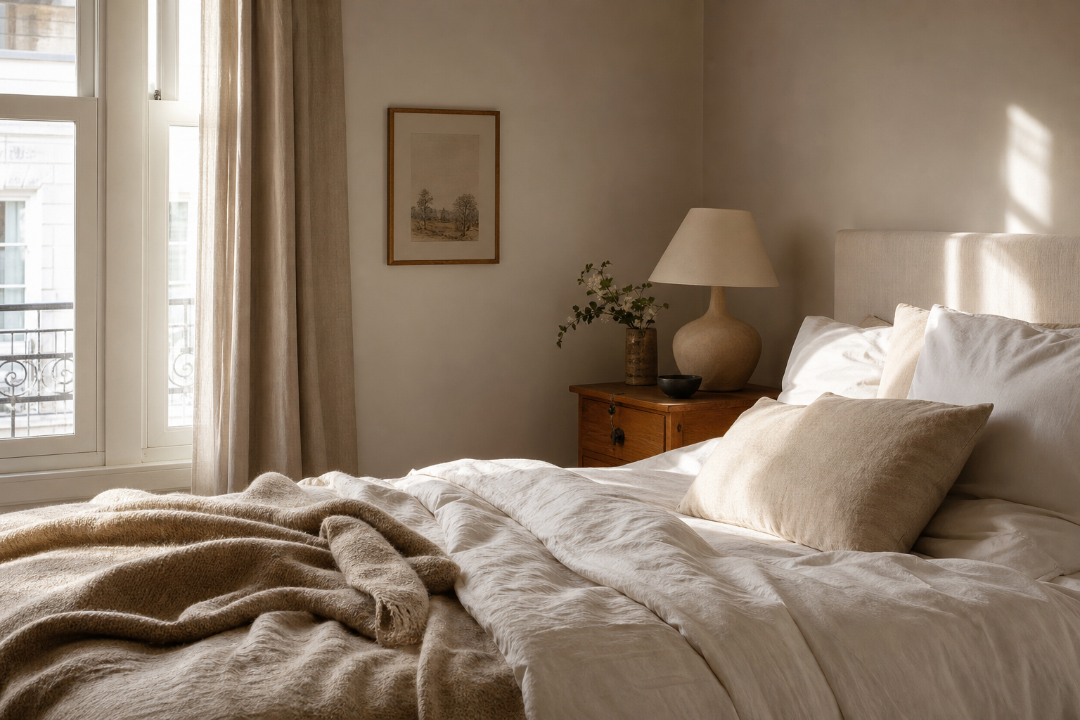 Warm refined bedroom with layered neutral bedding, timber furniture and soft morning light.