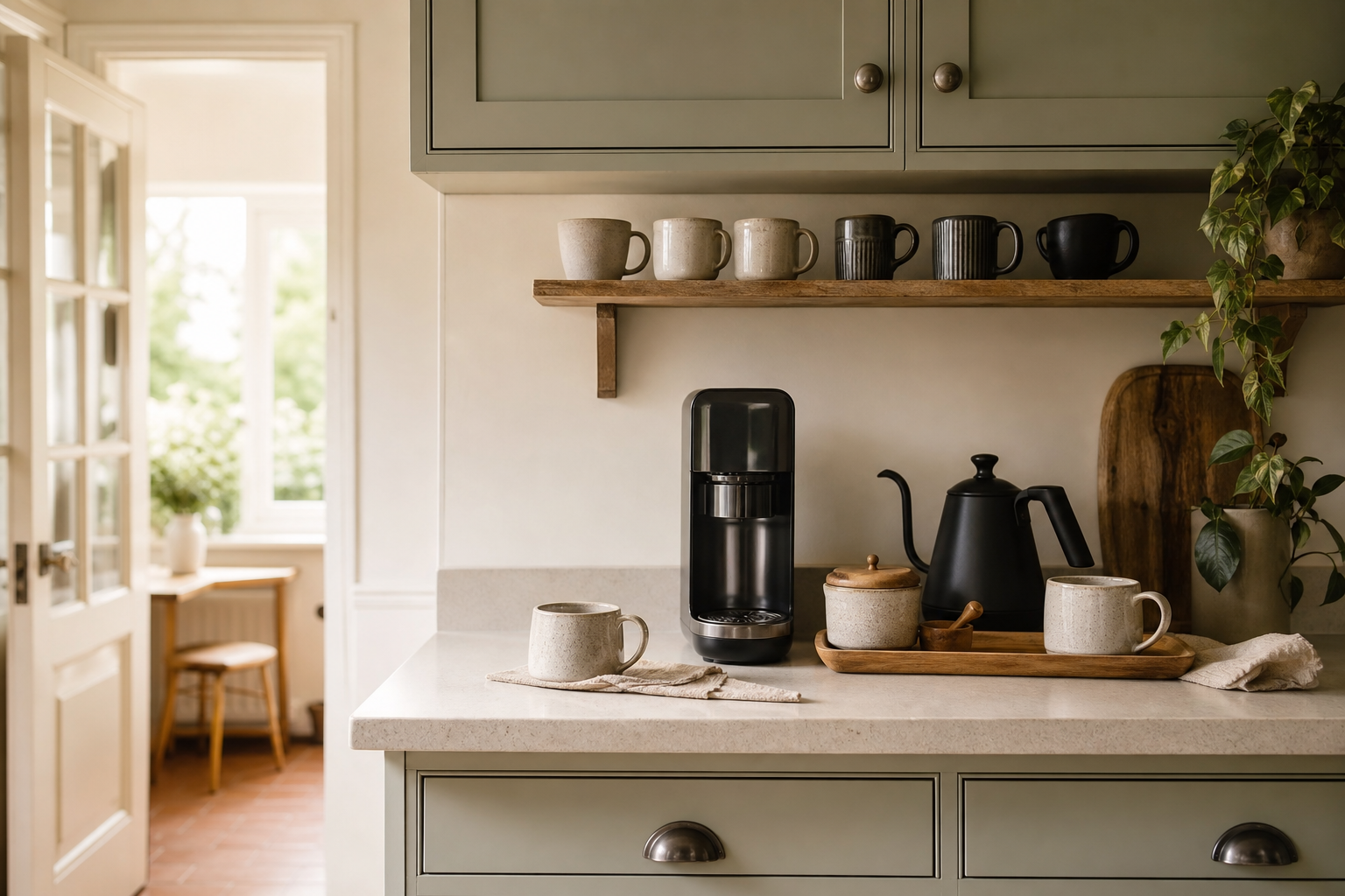 Compact coffee station with a coffee maker, mugs and storage containers on a small kitchen worktop