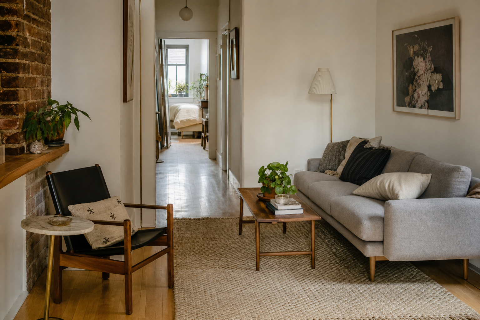 Compact living room with clear sightlines, raised furniture, a generous rug and uncluttered circulation.