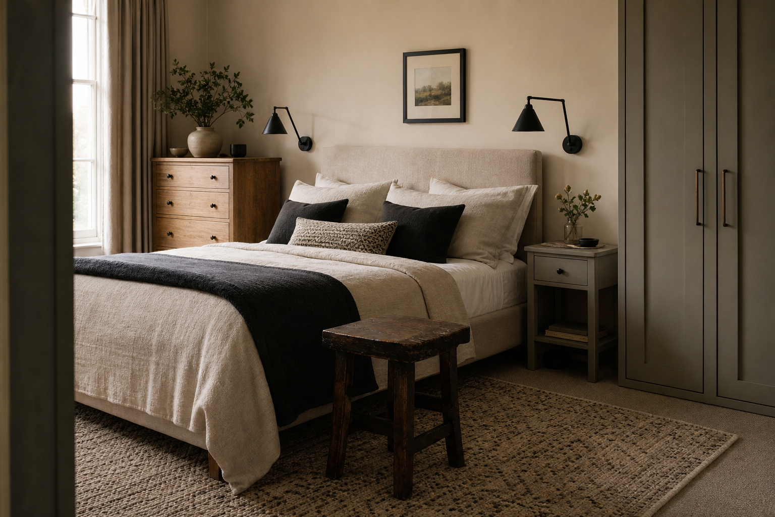 Calm bedroom with an upholstered bed, oak chest, painted bedside table and vintage wooden stool in a cohesive mixed-furniture arrangement