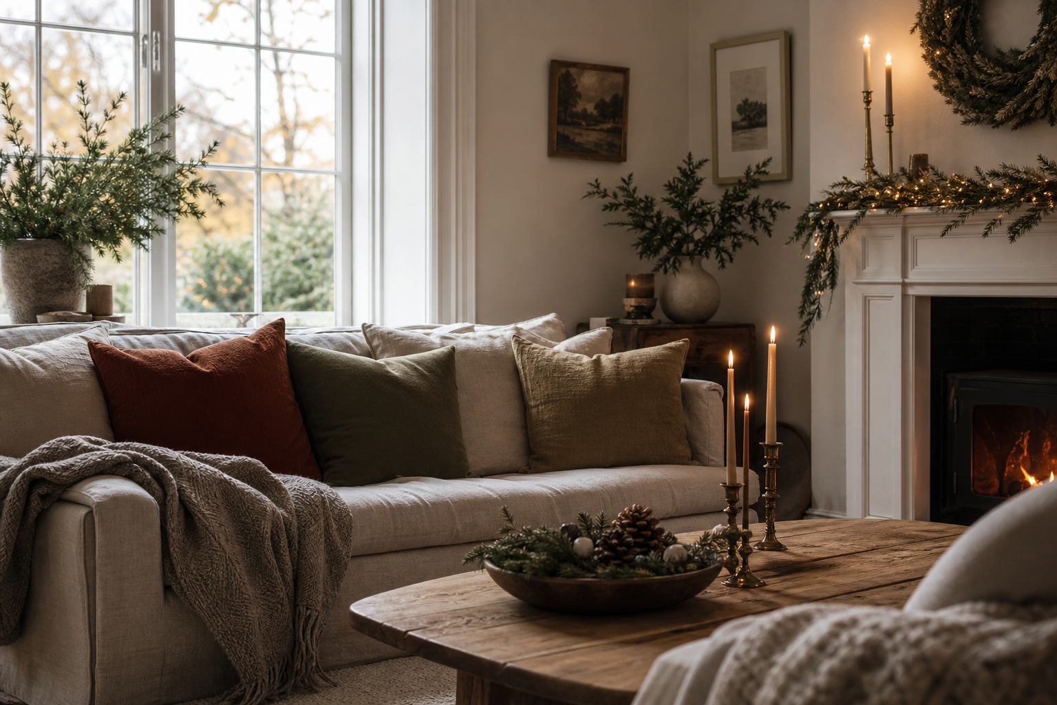 Warm living room styled with autumn textures, evergreen branches and subtle Christmas decorations