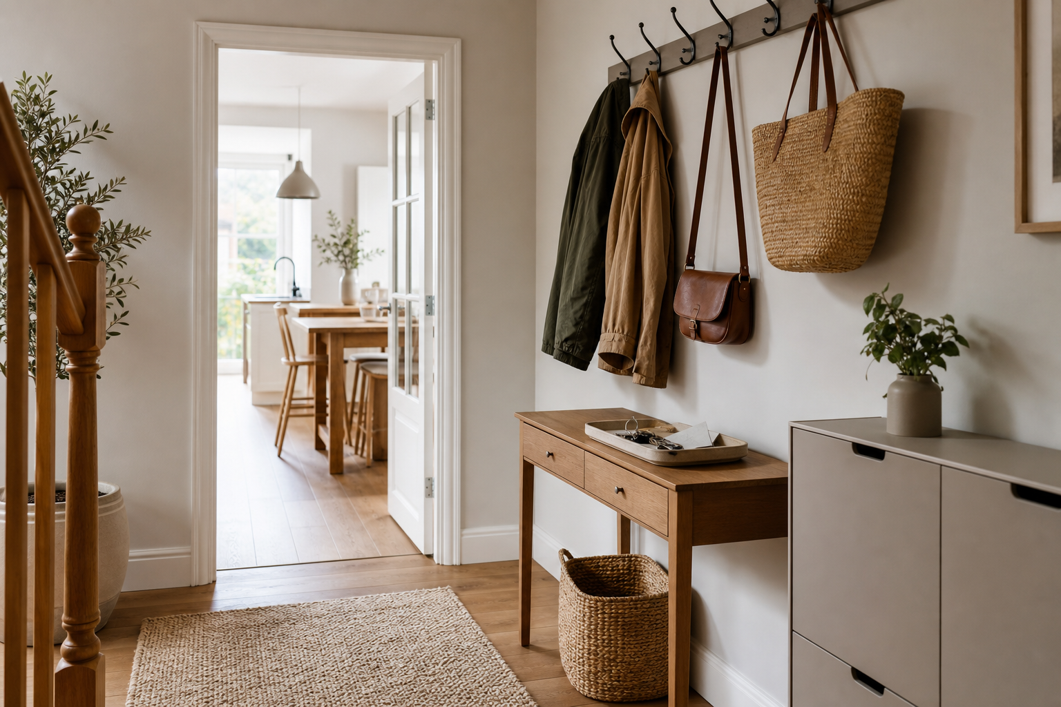 A calm hallway with organised coat hooks, a slim console, a shoe cabinet and a woven storage basket