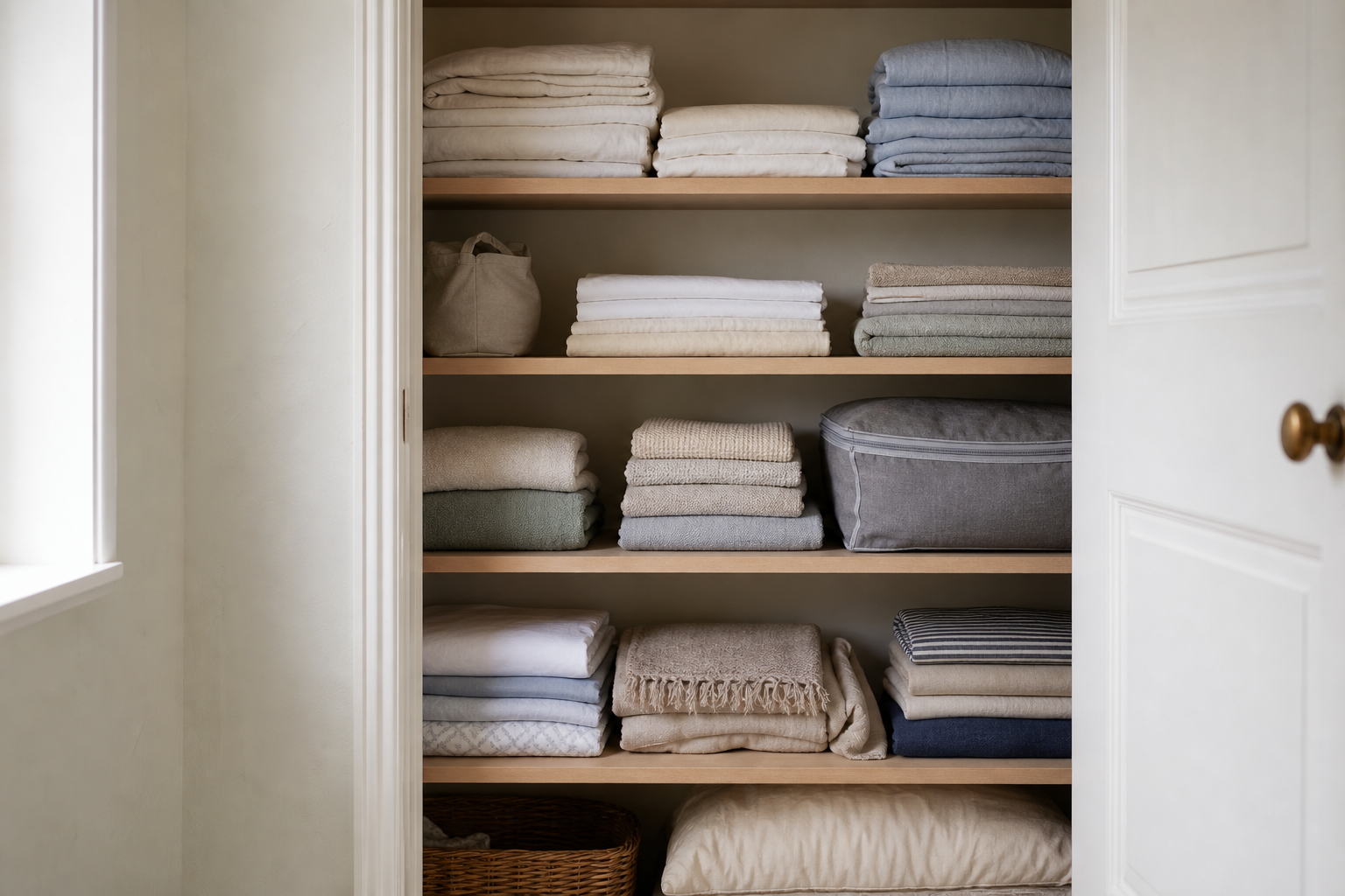 Realistic linen cupboard with folded towels, bedding by size and breathable storage for bulky items.