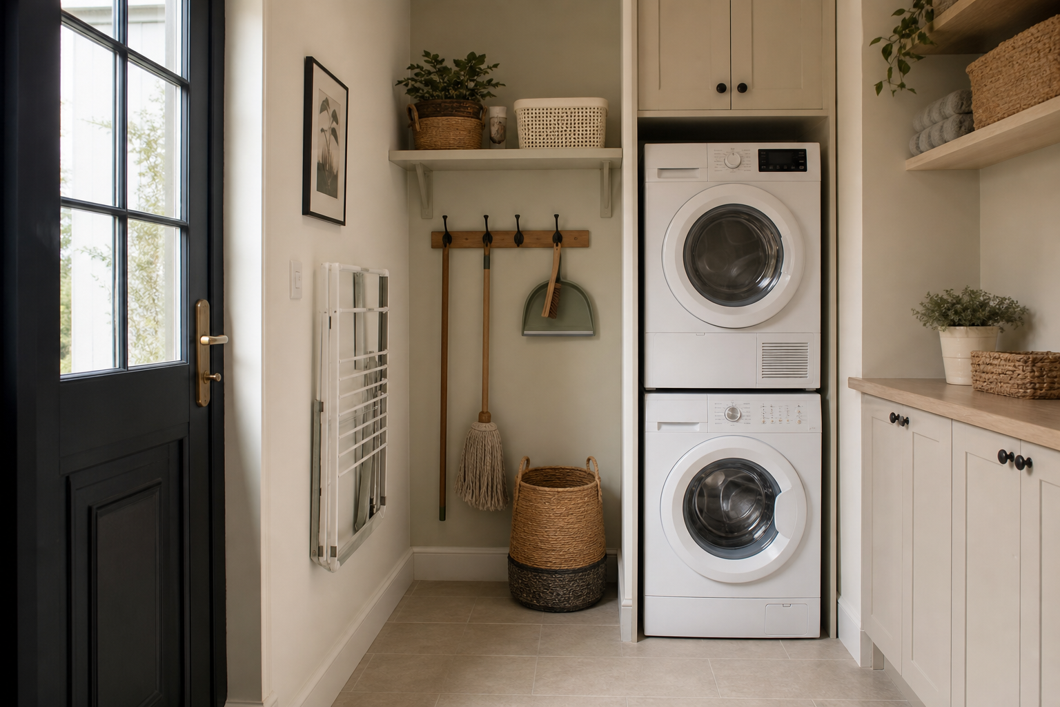 Small organised utility room with stacked laundry appliances, wall storage, baskets and a clear tiled floor