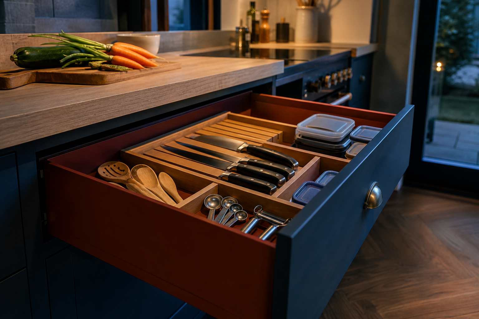 An open kitchen drawer organised into separate sections for utensils, knives, measuring tools and food-container lids