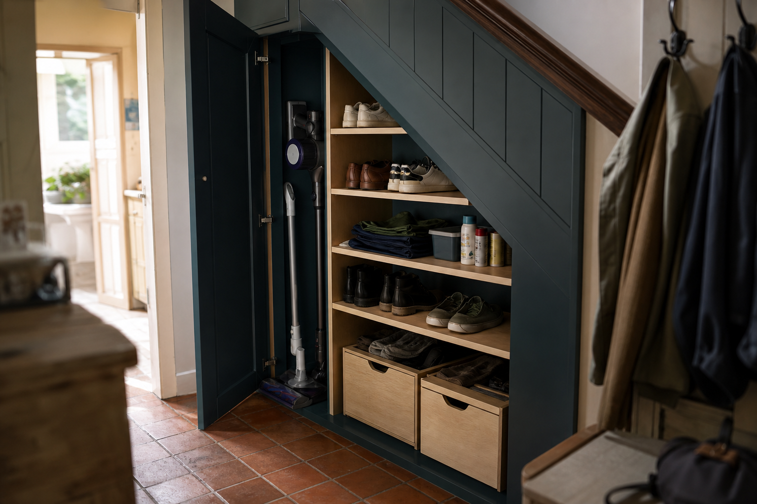 Open under-stairs cupboard with staggered shelves, a vacuum, shoes and organised household storage