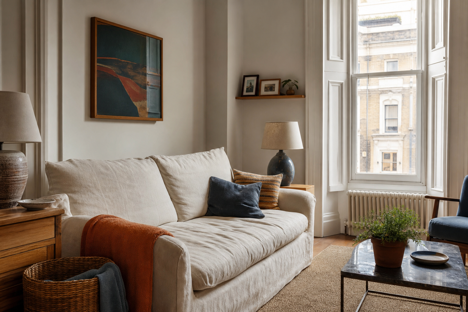 Calm apartment living room with personal artwork, warm textures and restrained colour