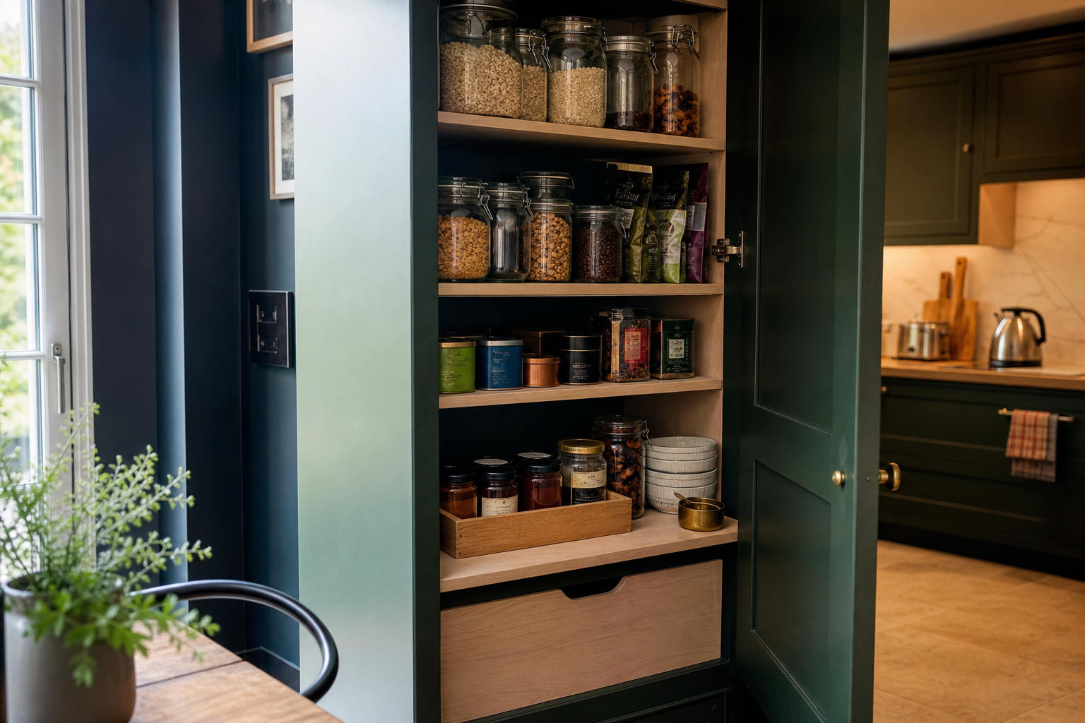 Open tall pantry cupboard organised with breakfast foods, drinks and serving items in a compact UK kitchen