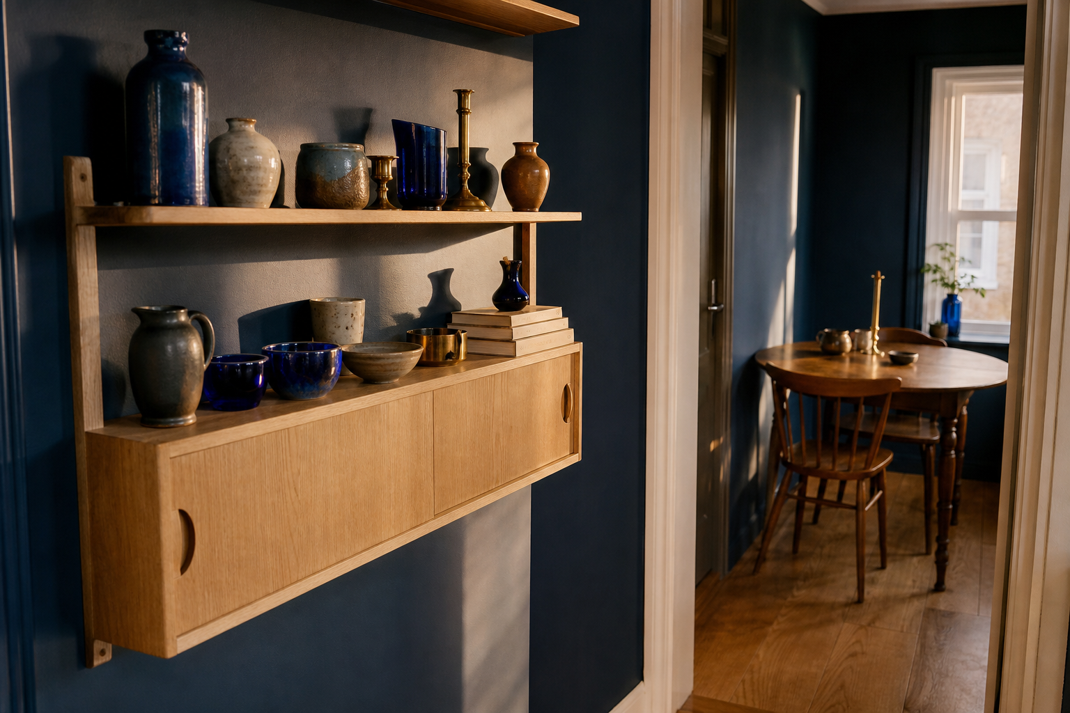 A carefully edited collection of ceramics, blue glass and brass objects displayed on shallow wall shelves in a compact dining alcove