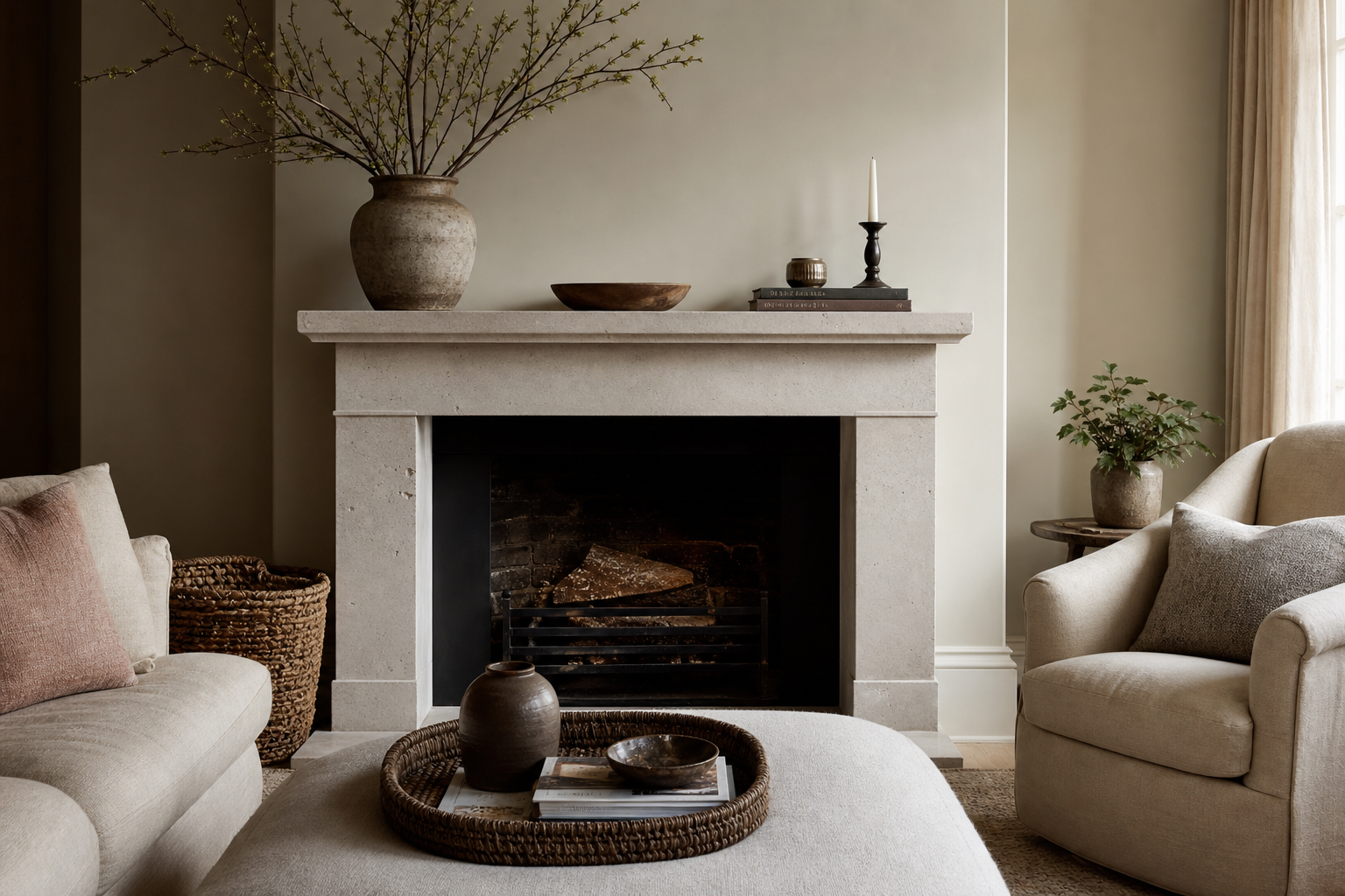 Neutral living room fireplace with a ceramic vase of branches and understated seasonal decor