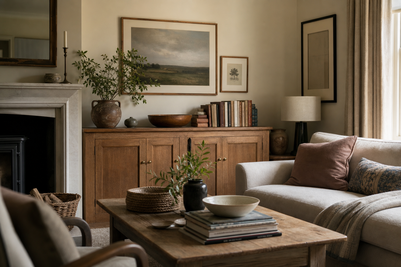 Warm living room with carefully grouped books, ceramics, framed art and woven storage creating a curated but uncluttered display