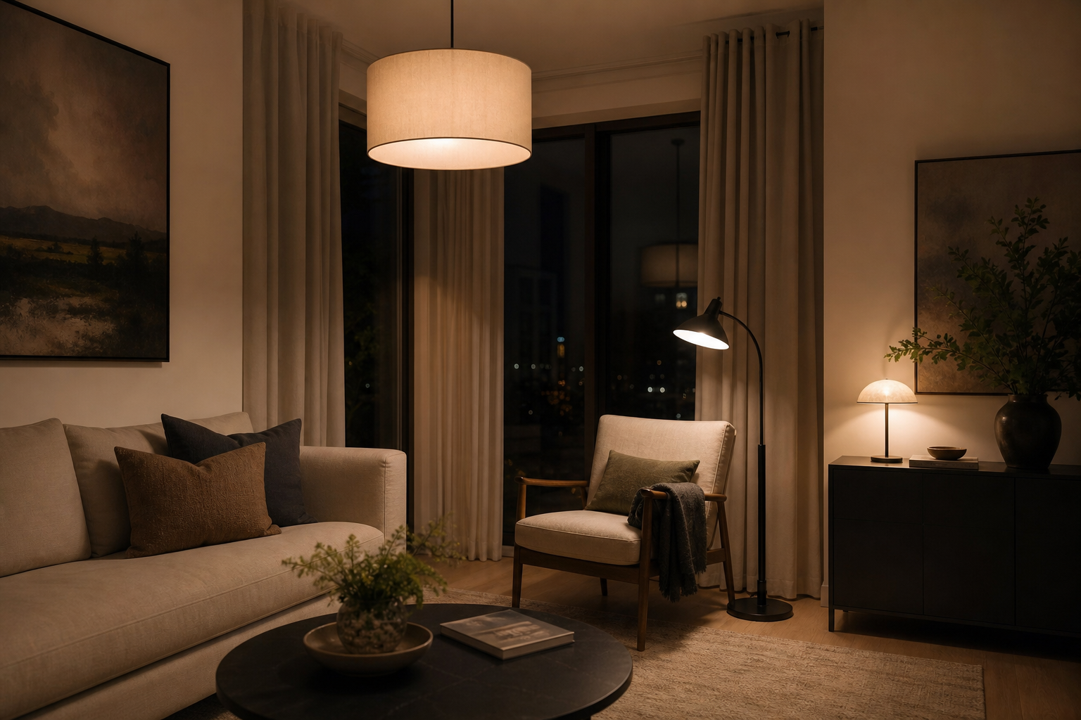 Evening living room using ceiling, reading and accent lamps to create layered warm light.