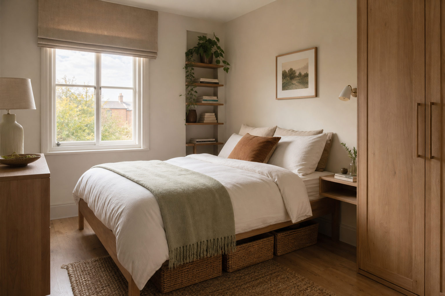 Calm compact bedroom with a tall wardrobe, wall-mounted bedside shelf and organised under-bed storage