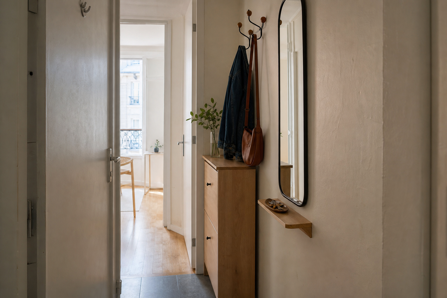 Narrow entryway with slim shoe storage, wall hooks, a mirror and a small landing tray.
