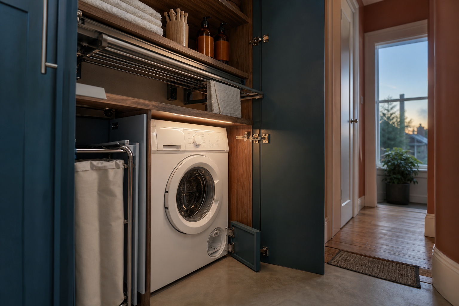Compact laundry cupboard with a washing machine, fold-down drying rack and organised storage