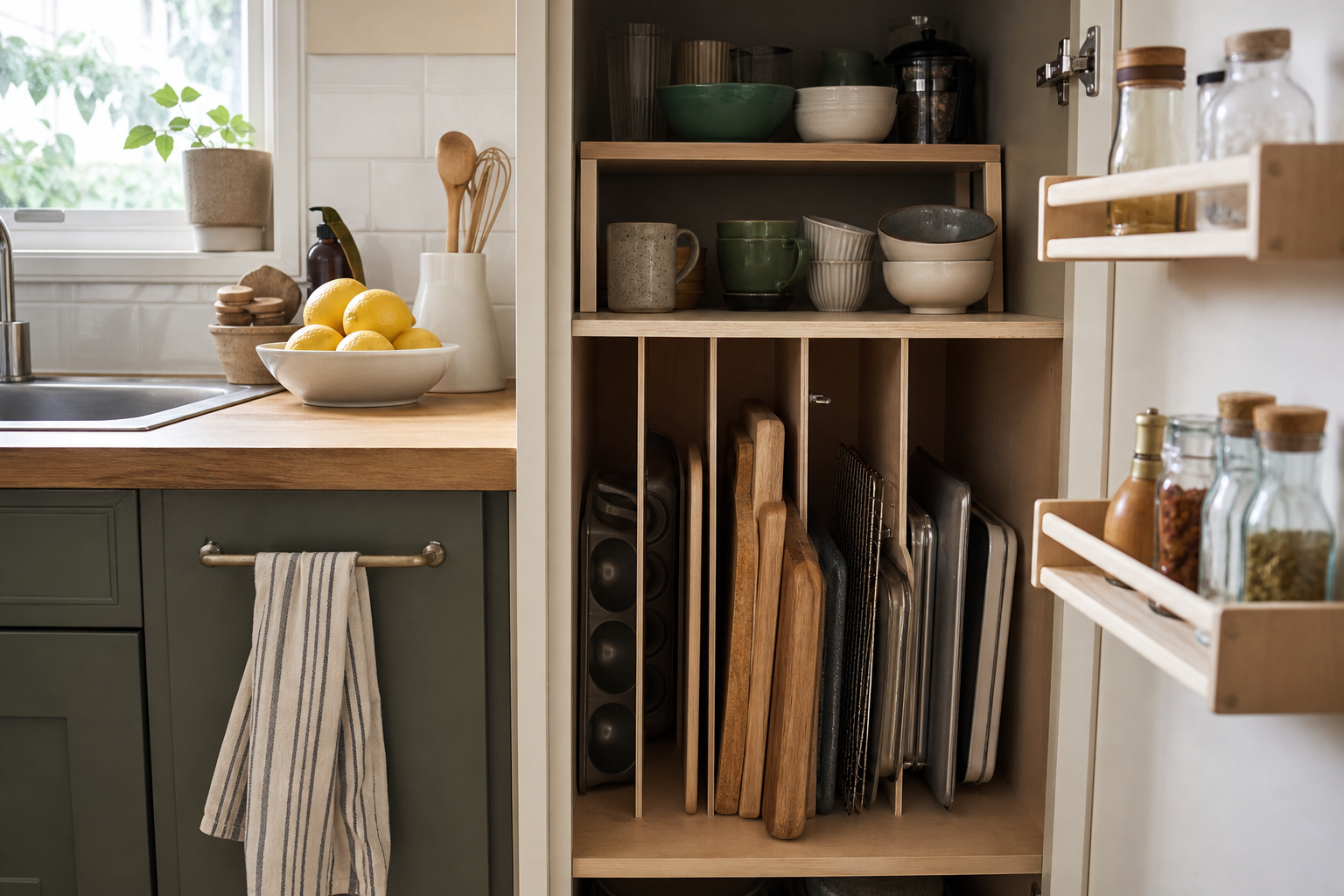 Open kitchen cabinet using shelf risers and vertical dividers for practical small-space storage.